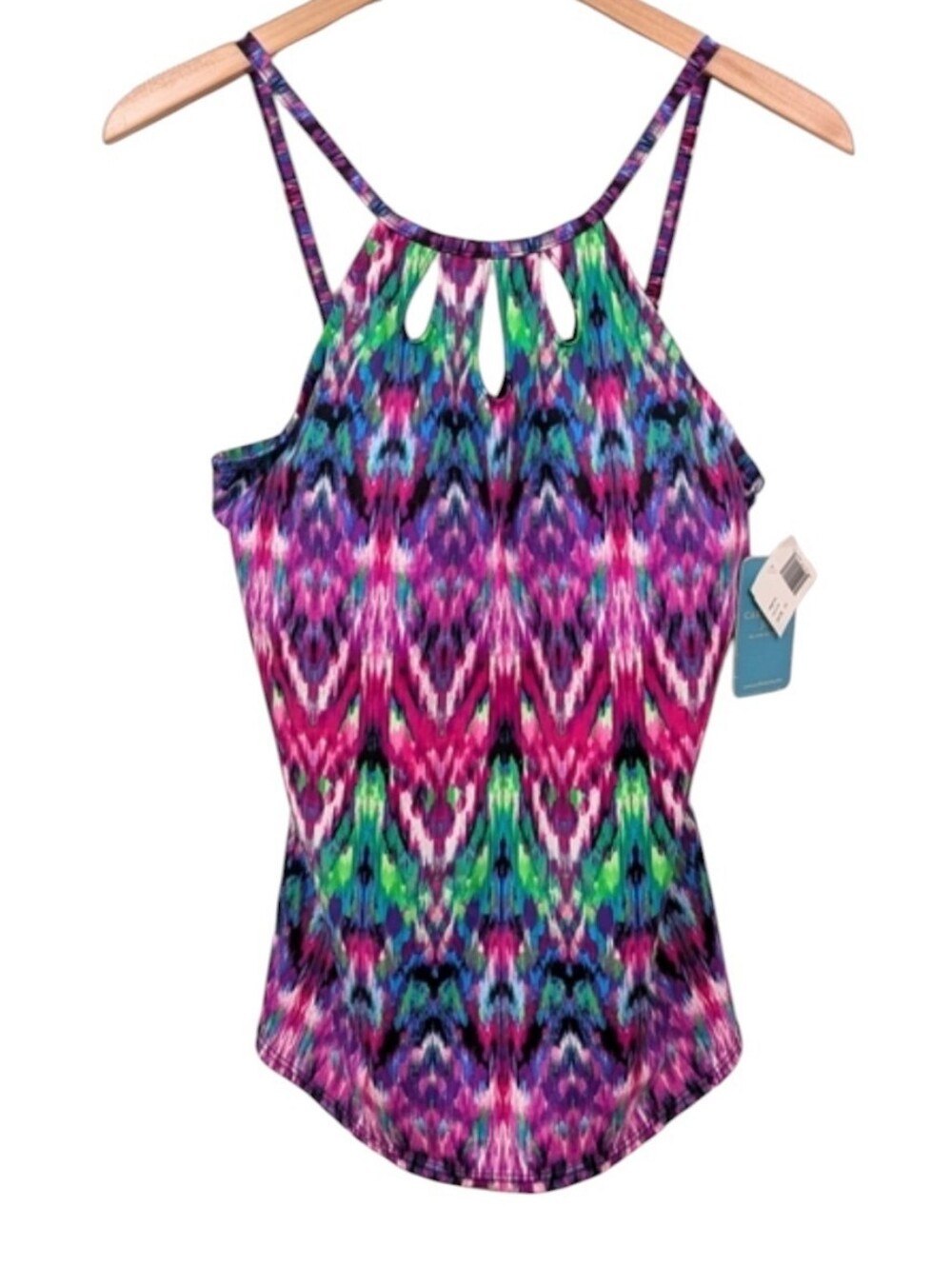 Caribbean Joe Tankini Swim Top Keyhole Multicolor Batik Beach Resort size 14 NWT